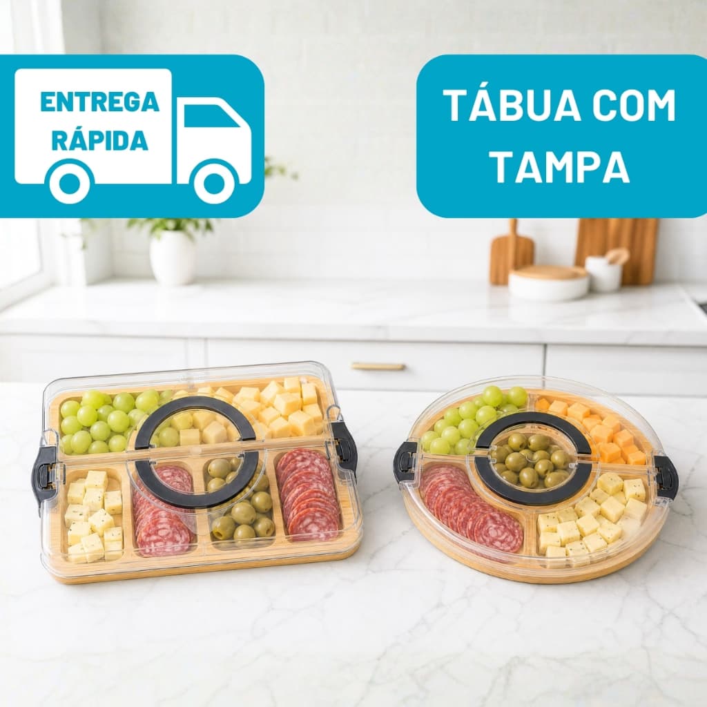 Petisqueira Tábua de Frios Bambu Bandeja Madeira Porta Petiscos e Frios Com Tampa e Alças 5 Divisórias Portátil