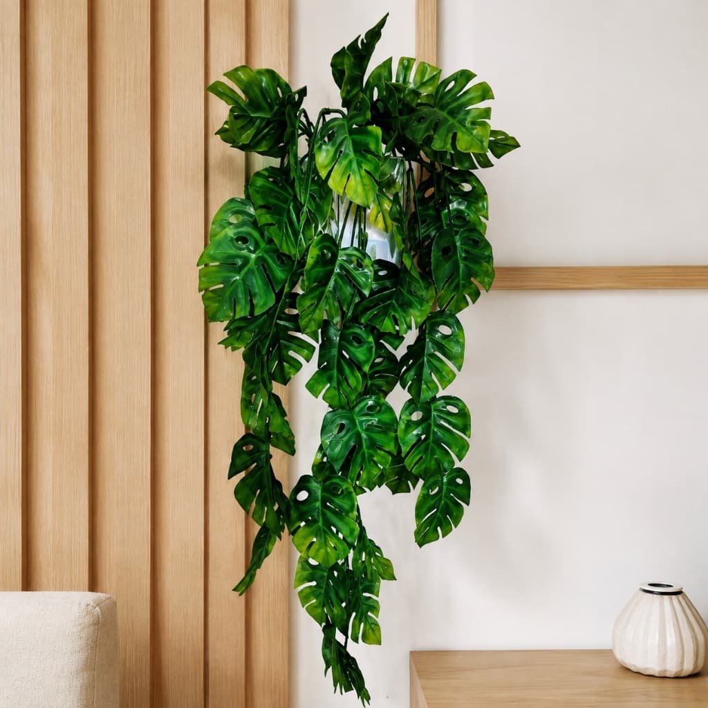 Vaso Espelho 10x10 com Costela de Adão Pendente Artificial 70cm Planta Decorativa com Musgo Natural