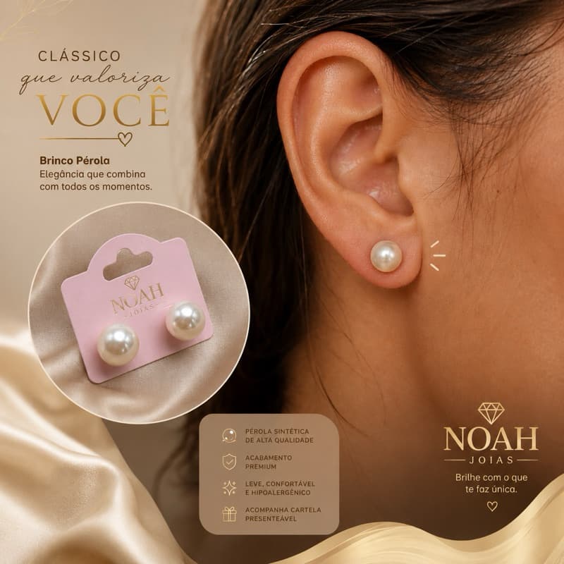 Brinco de Pérola 10mm Banhado a Ouro 18K | Brinco Feminino Clássico e Elegante | Noah Joias