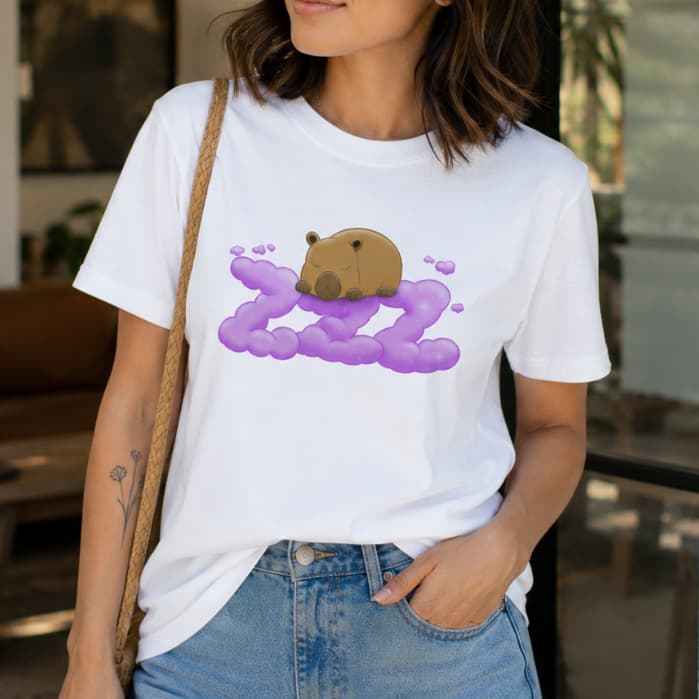 Camiseta Feminina Capivara Dormindo 100% Algodão Premium Estampa Fofa Casual Manga Curta