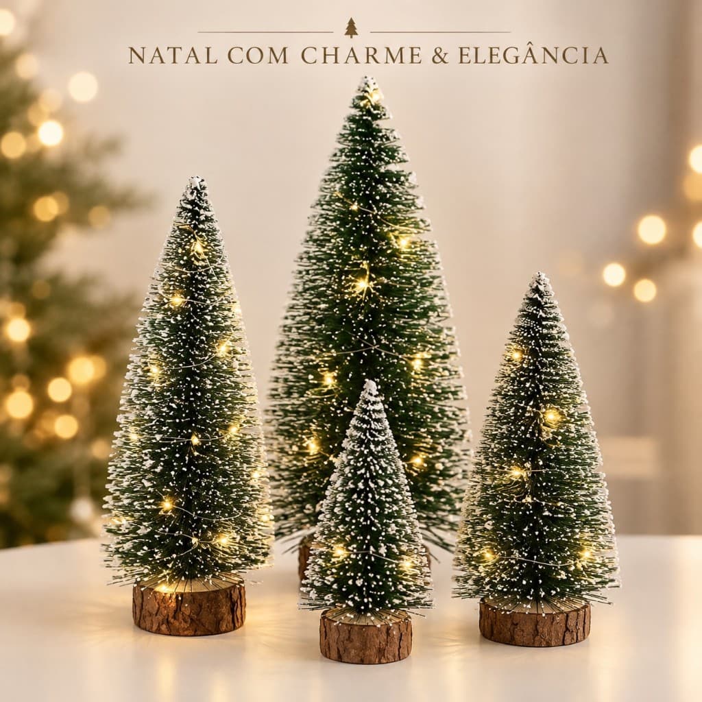 Árvore de Natal Mini Nevada 15cm com Base de Madeira Decoração Natalina Mesa Casa Escritório