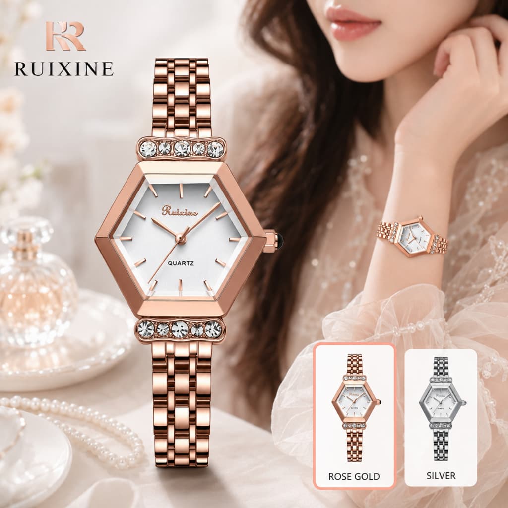 RUIXINE Relógio Feminino Hexagonal Rosé Quartzo Pulseira de Aço Inoxidável com Cristais Elegante