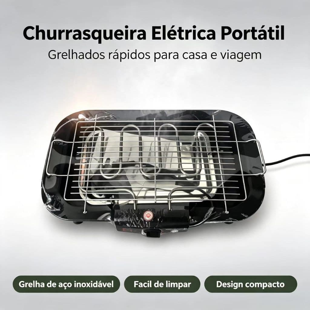 Churrasqueira Elétrica de Mesa sem Fumaça – Grelha Antiaderente com Bandeja Removível para Uso Interno