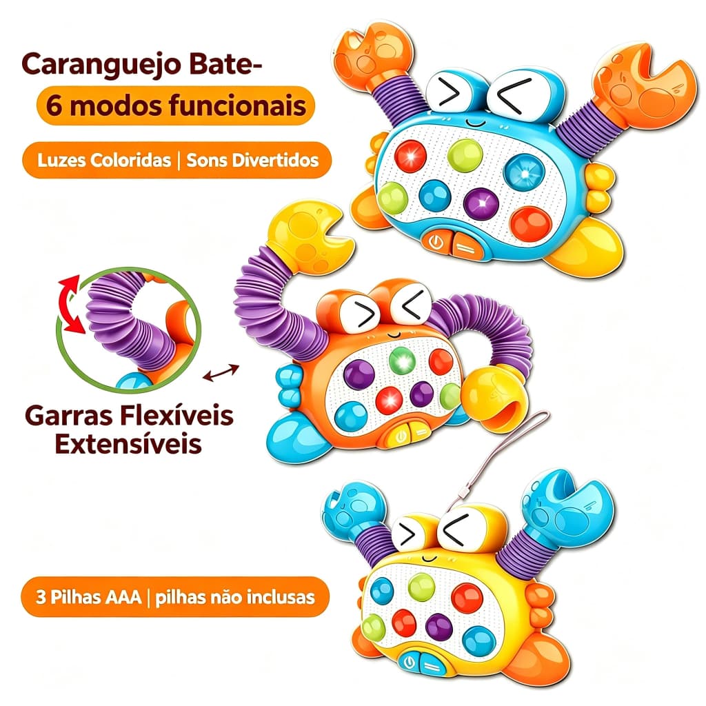 Caranguejo Bate-Rato 6 Modos Funcionais Garras Flexíveis Luzes e Sons Brinquedo Educativo para Bebê 1 a 3 Anos Presente