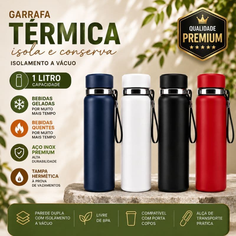 Garrafa Térmica 1L 1000ml Inox SUS316 com Alça Academia Trabalho Viagem Parede Dupla a Vácuo