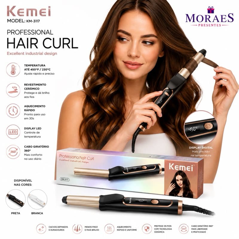 Babyliss Kemei KM-3117, cerâmica, display LED, até 230°C, aquecimento rápido e cabo 360°. Preto e branco.