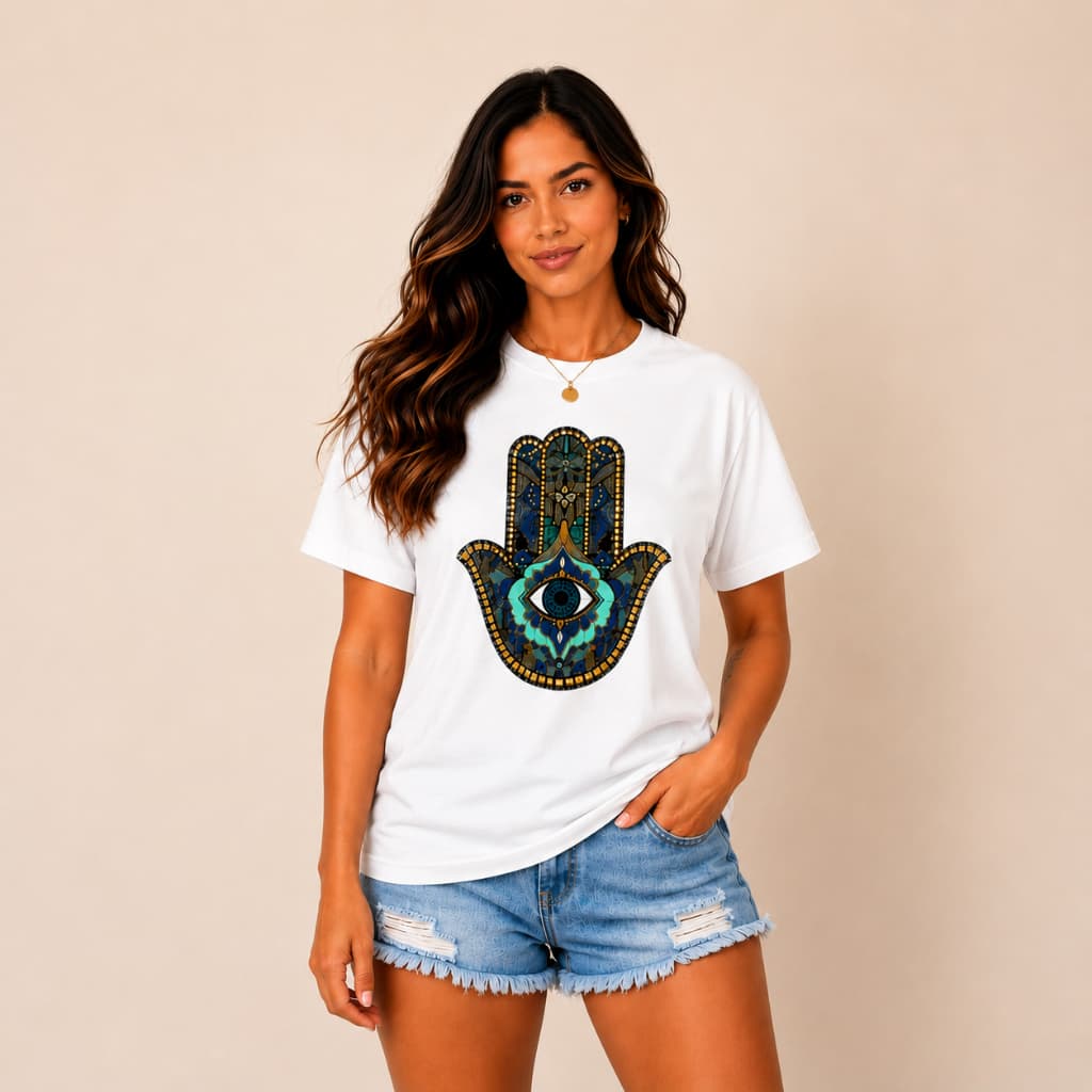 Camiseta Unissex 100% Algodão Estampada Mão de Fátima Olho Grego Envio Rápido