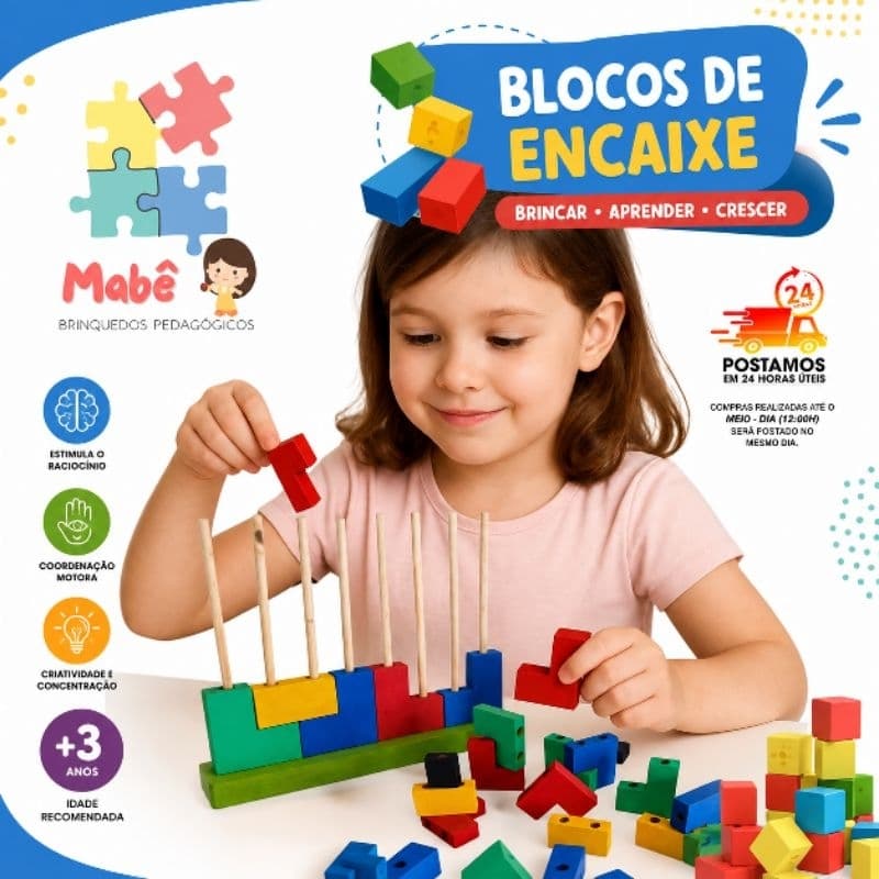 Blocos de Encaixe Vertical 20 Pçs Coloridas em Madeira Tetris 3D Jogo Educativo Brinquedo Pedagógico Montessori +3 Anos