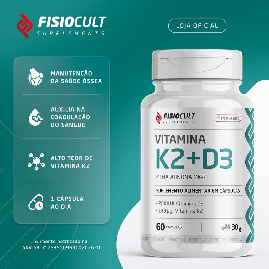 Vitamina D3 2000UI + K2 Menaquinona MK-7 60 Capsulas - Fisiocult Supplements