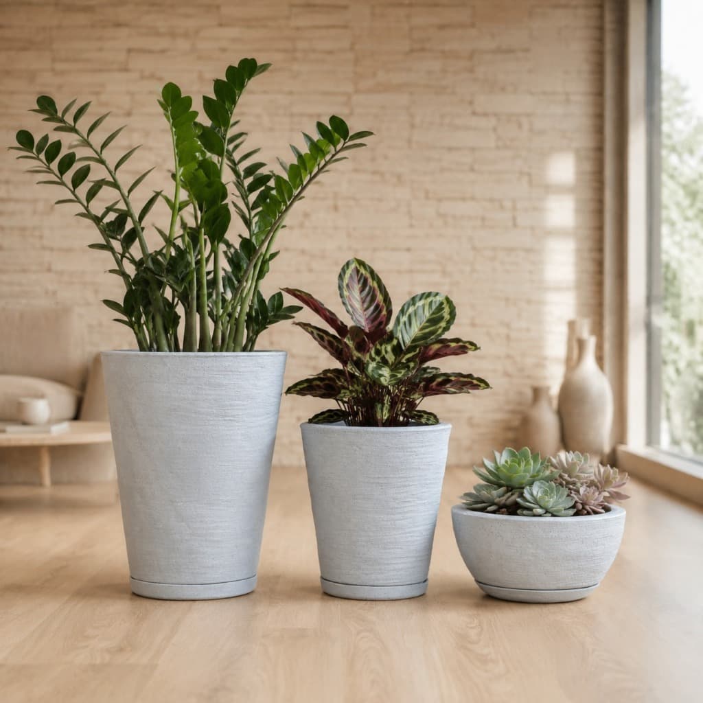 Jogo Vasos Para Flores e Plantas Decorativo Coluna Cone Bacia Cuia com Prato Escovado Textura Grafiato Riscato