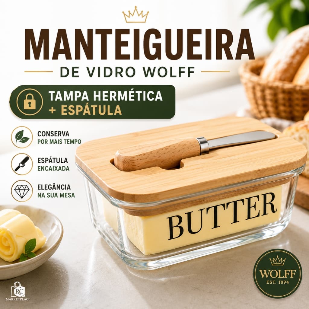 Manteigueira de Vidro Wolff Tampa Bambu Hermética com Espátula