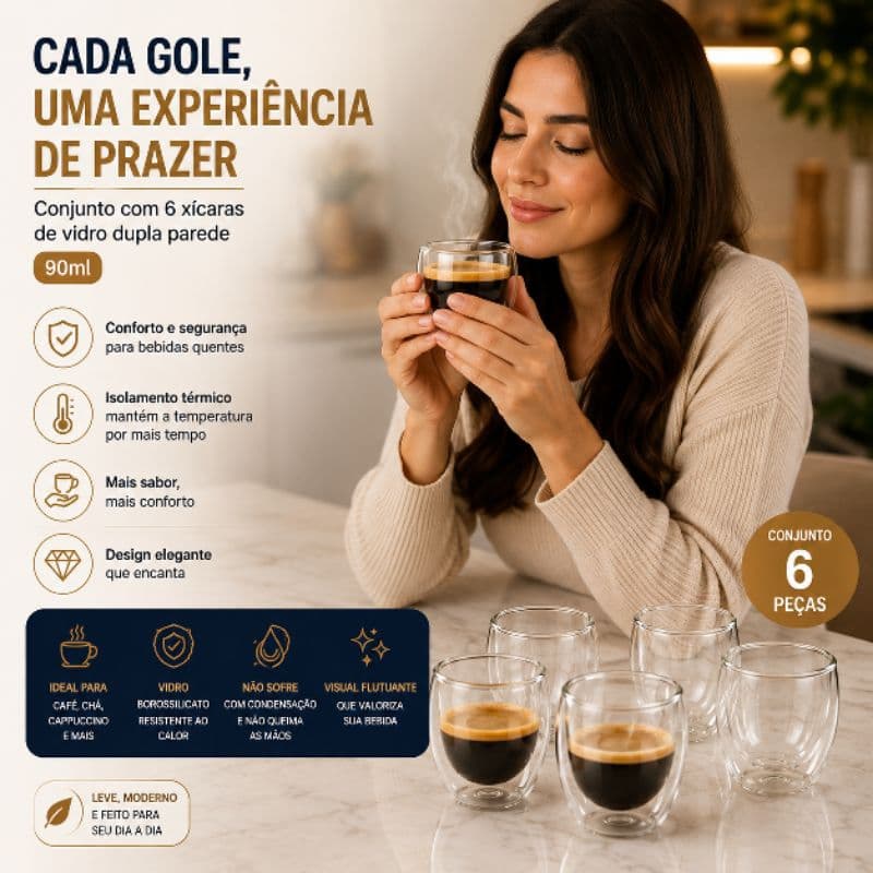 Kit 6 Xícaras de Vidro Dupla Parede 90ml Borossilicato Para Café Espresso Chá Cappuccino