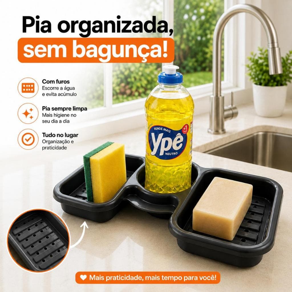 Porta Detergente e Esponja para Pia Suporte Sabão Cozinha Bucha Preto Coisas de Cozinha