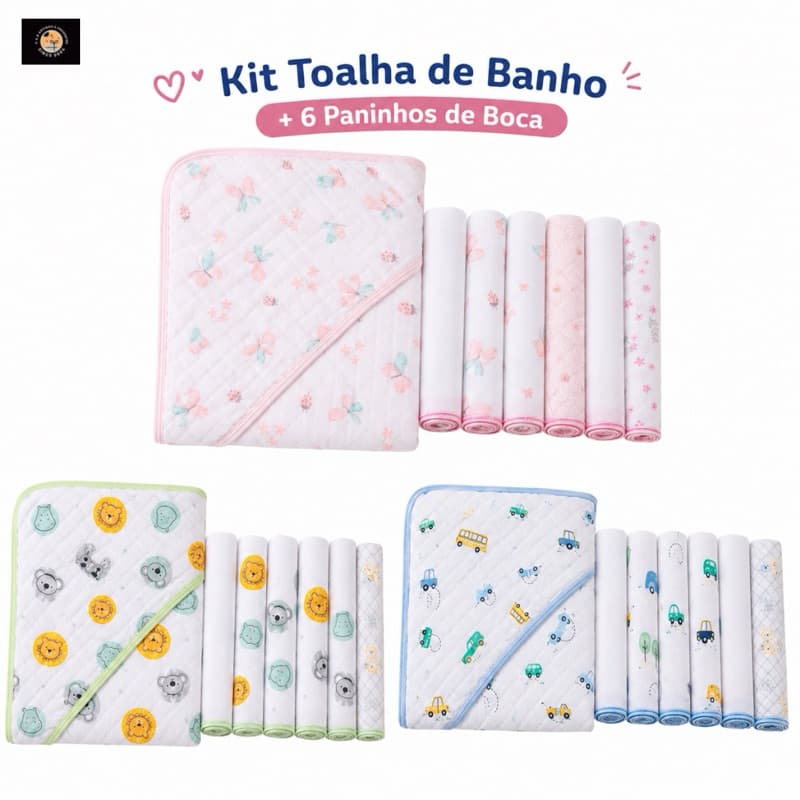 Kit Toalha de Banho Bebê com Capuz 80x80 + 6 Paninhos de Boca Papi 30x30 – Fralda Soft Algodão