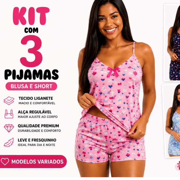 Kit com 3 Pijamas fresquinho - modelo Shortdoll Babydoll Com Alça Regulável Direto Da Fabrica