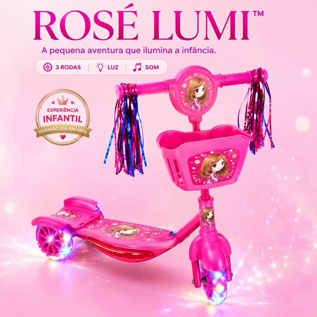 Patinete Infantil 3 Rodas Rosé Lumi Rosa Dobrável com Luzes, Som e Cestinha – Menina 3+ Anos
