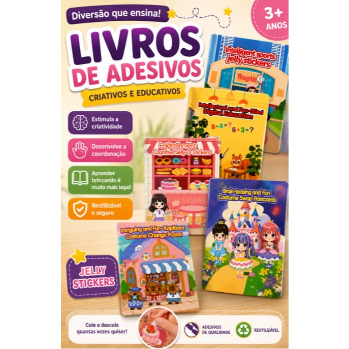 Livro Infantil Jelly Stickers Adesivos Reutilizáveis Educativo 3+ Anos