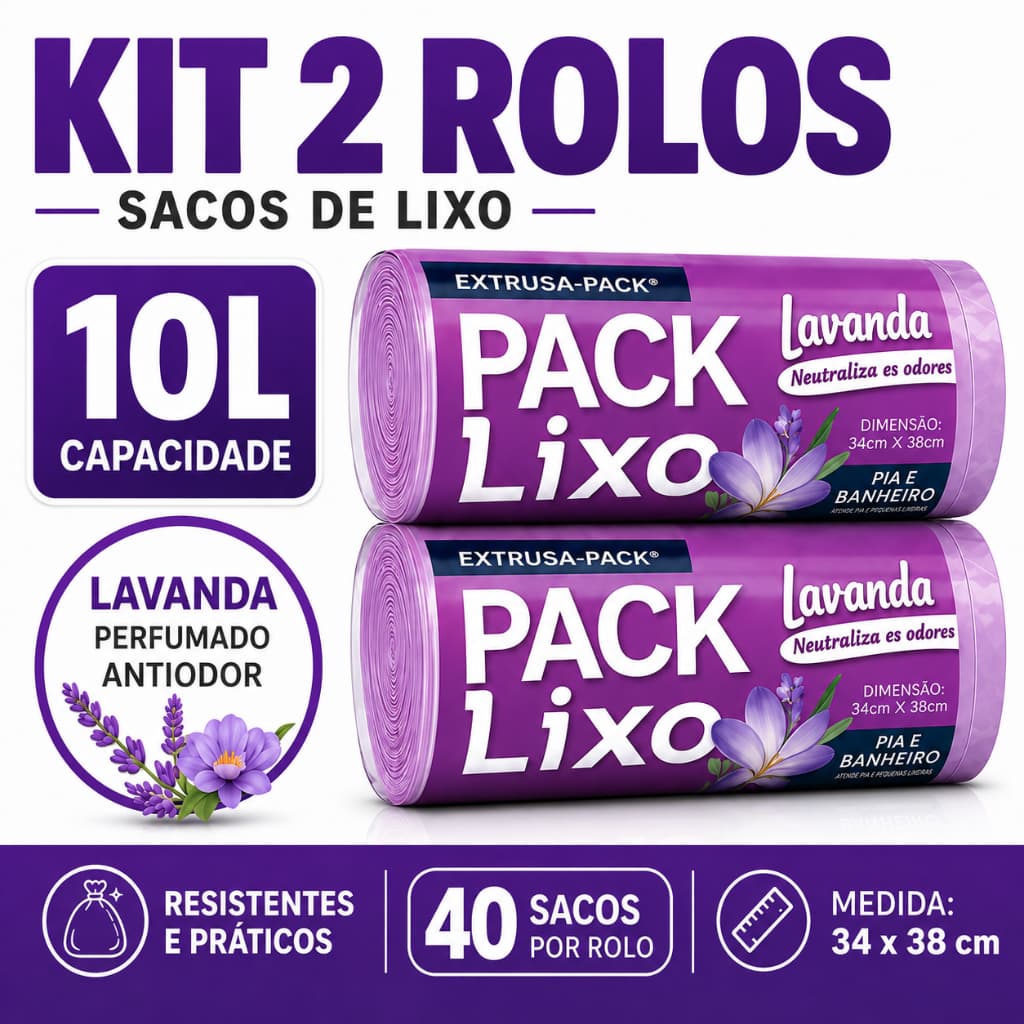 Kit 2 Saco Lixo Lavanda Perfumado 10L Kit 80 Unidades Pia Banheiro Cozinha 34x38 Reforçado