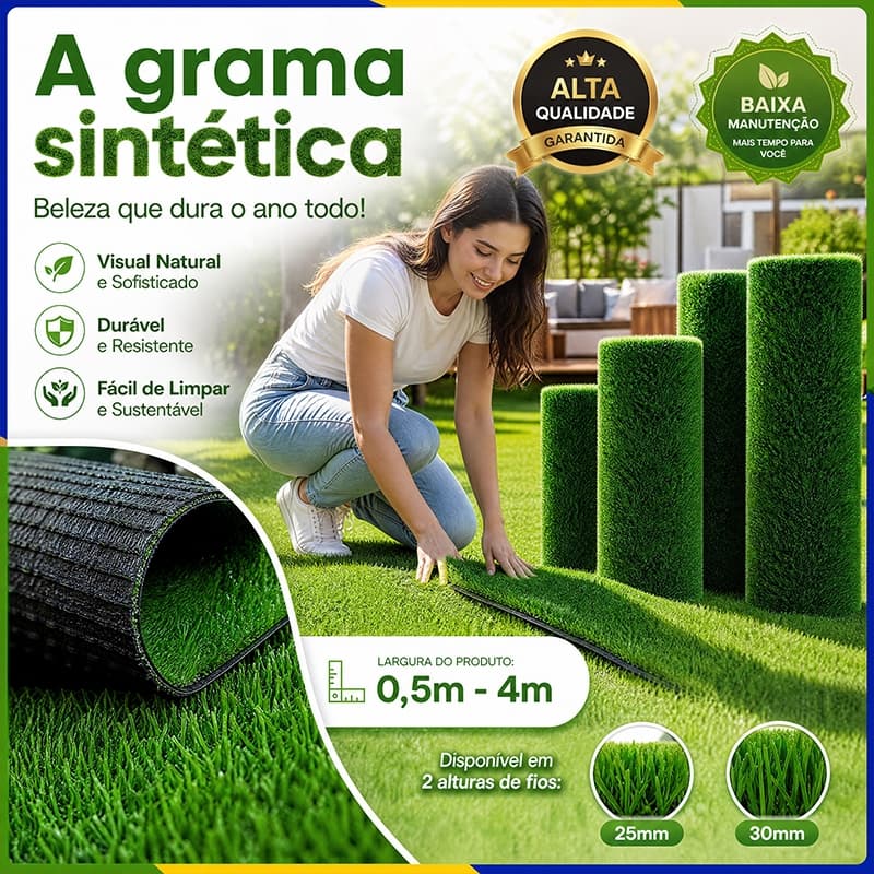 Grama Sintética 30mm, Grama Artificial Verde para Jardim, Quintal, Casa e Decoração Externa