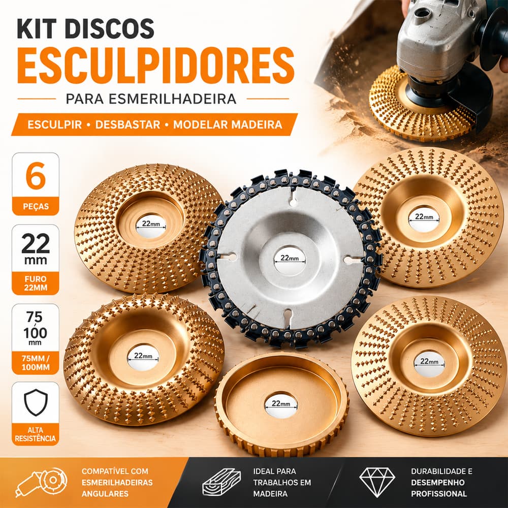 Kit 6 22mm Disco Desbaste E Corte Madeira 100mm/75mm P/ Esmerilhadeira Furo 16/22mm Dourado