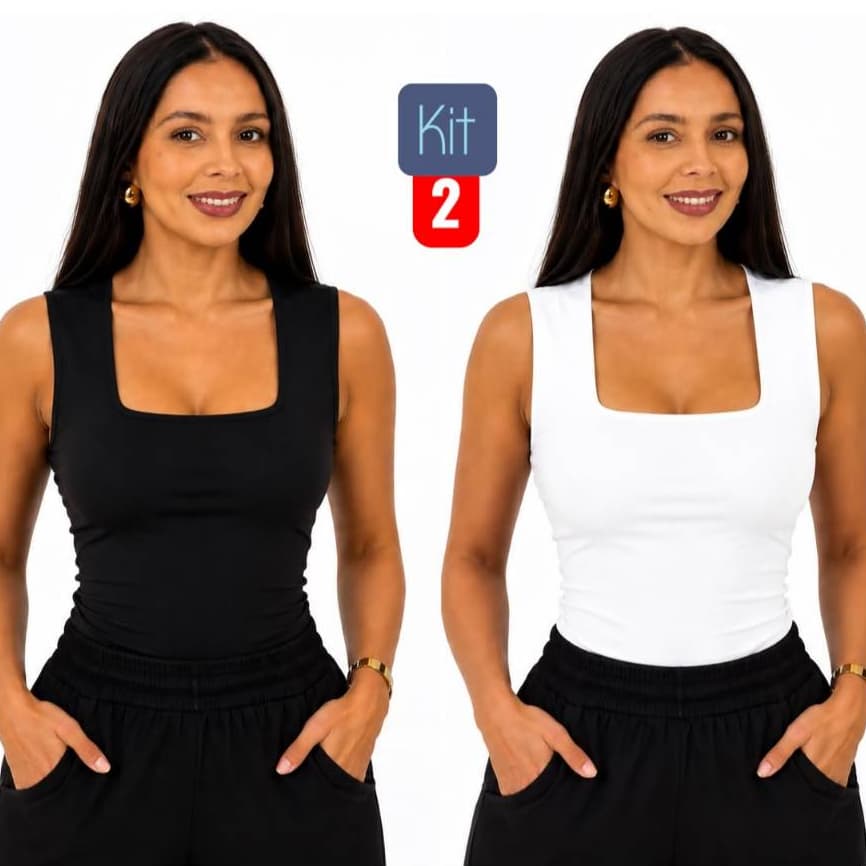 Kit 2 Regata Decote Quadrado Feminina Suplex Básica Blusinha Verão