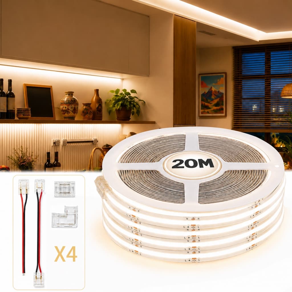 Fita LED COB 20M 22W/m Luz Uniforme Sem Cintilação 480 LEDs Flexível Autoadesiva 2 Pinos