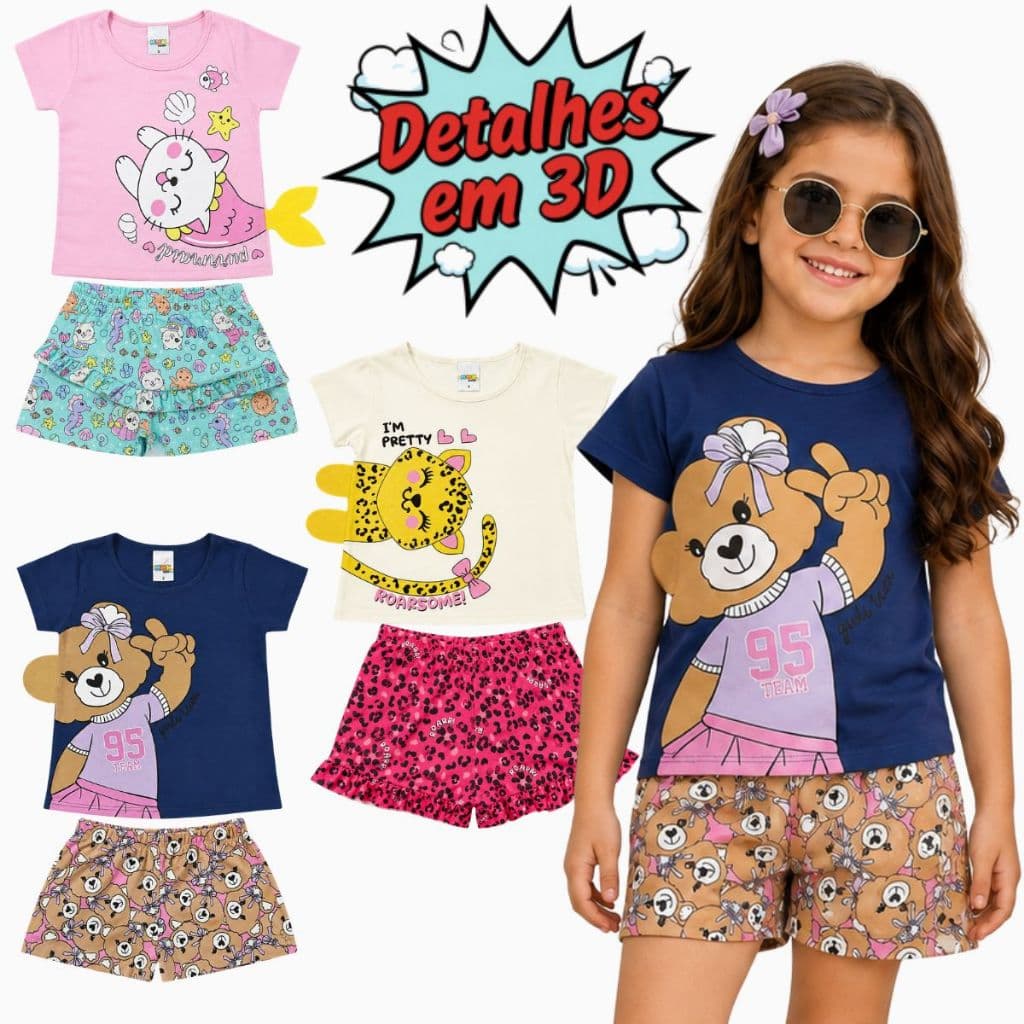 Conjunto Infantil Menina Blogueirinha Verão Tamanho 1 ao 10 I Conjunto Infantil Feminino blusa + shorts Infantil