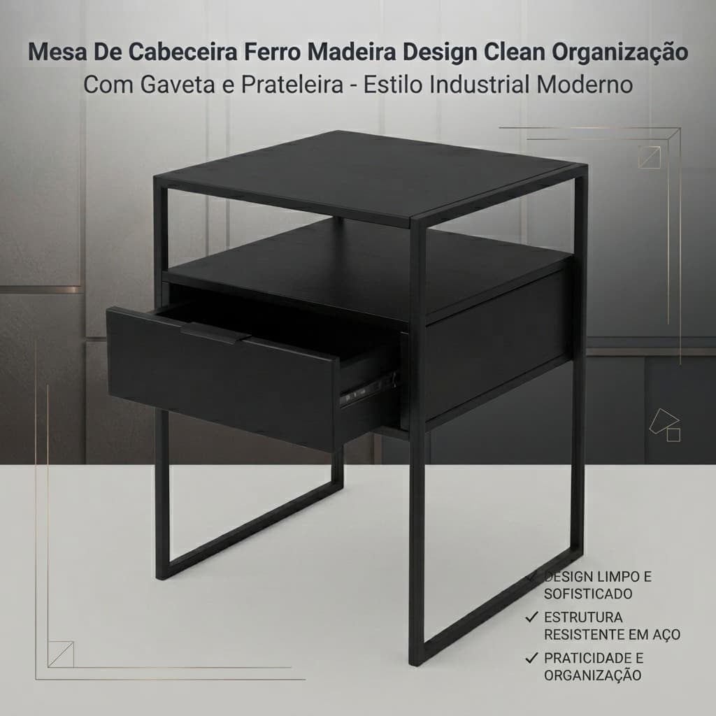 Mesa De Cabeceira Ferro Madeira Design Clean Organização