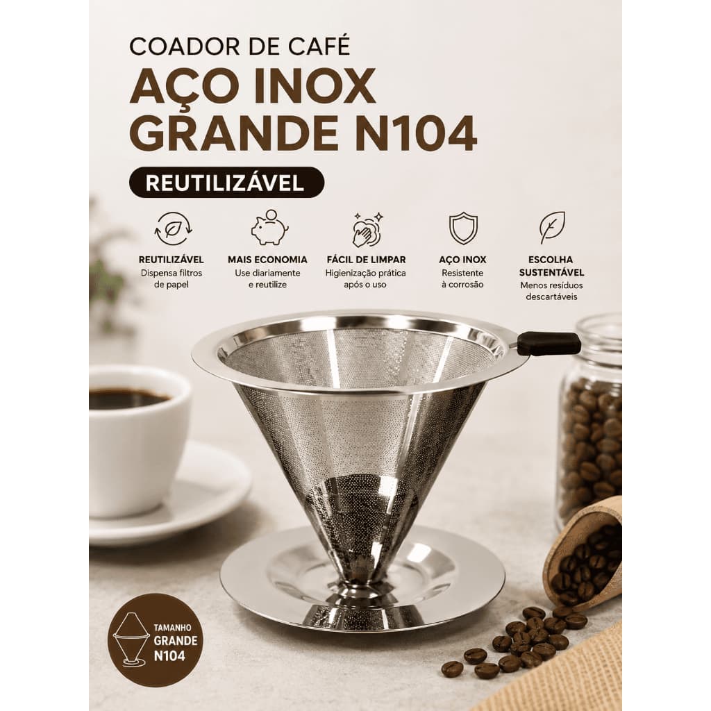 Coador De Café Inox 104 Grande Filtro Reutilizável Sem Papel