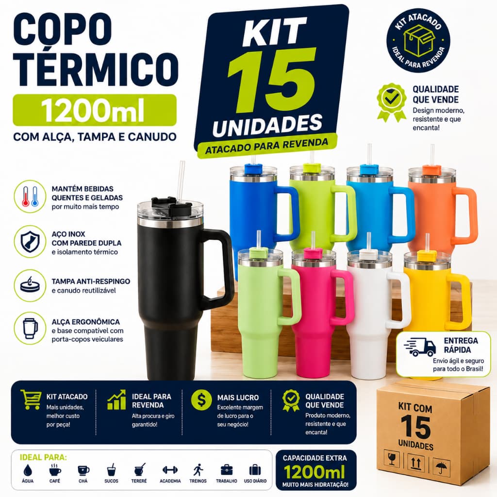 Kit 15 Copo Garrafa Térmica 1200ml Tampa Alça Canudo Inox Atacado Revenda Esportivo Academia