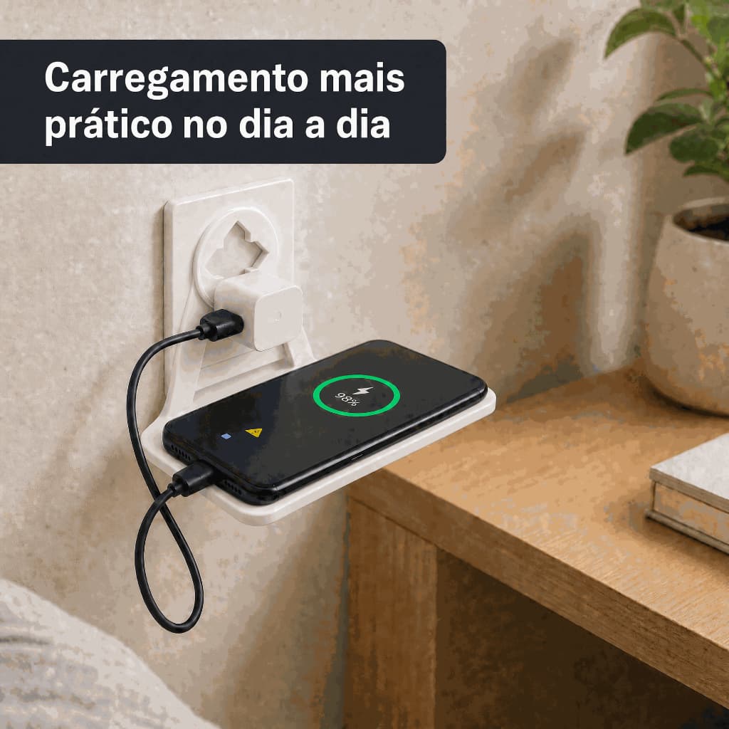 Suporte para Celular na Tomada | Porta-Celular Carregando | Organizador de Carregador e Cabos | Suporte Universal