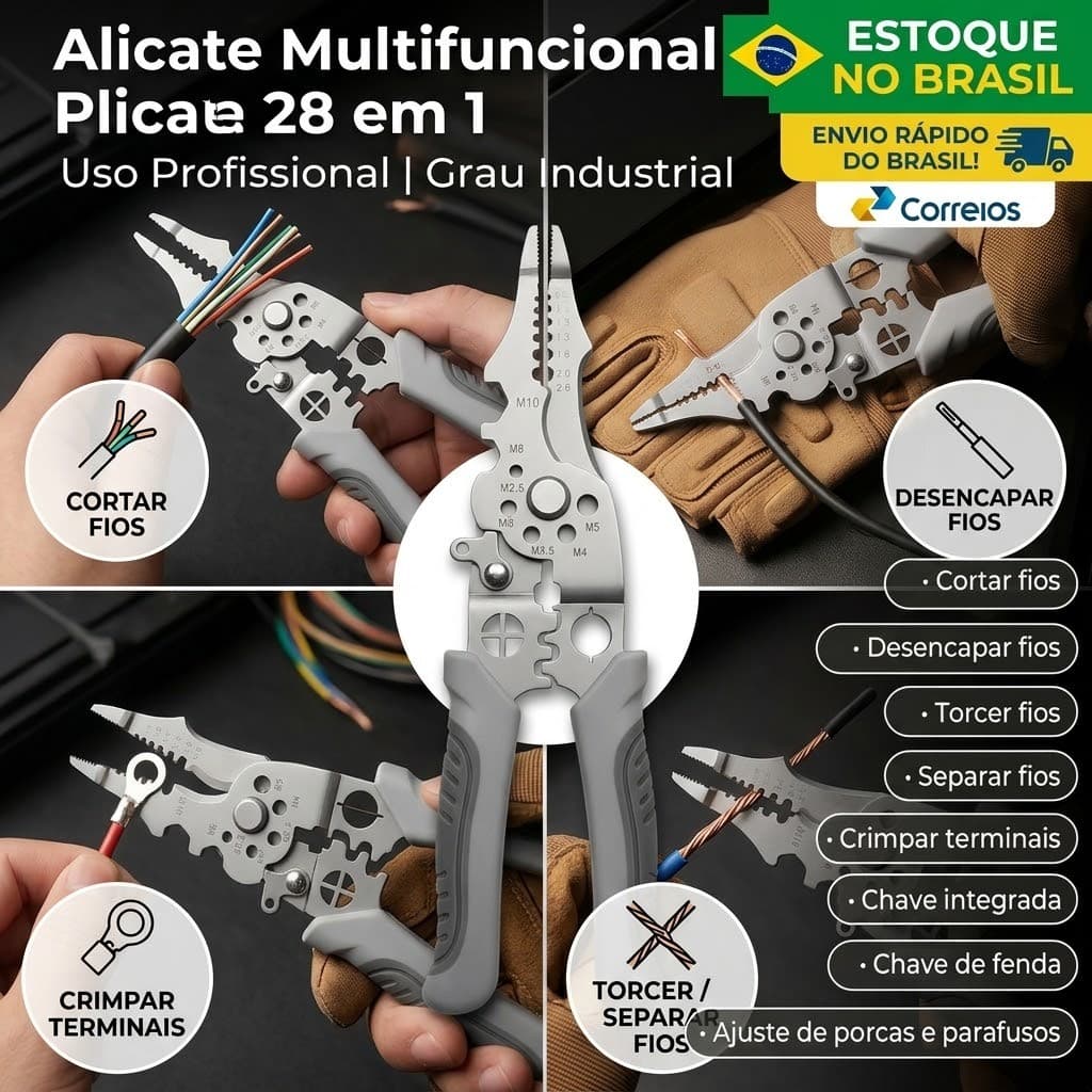 Alicate Multifuncional 28 em 1 Universal Profissional para Eletricistas, Descascador, Crimpador e Cortador de Fios