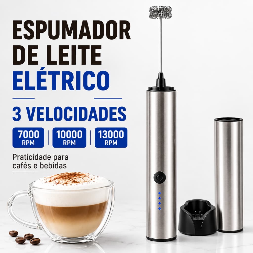 Espumador de Leite Elétrico 3 Velocidades 13000RPM Recarregável USB Aço Inox para Café Cappuccino Latte
