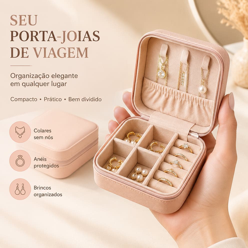 Organizador de Joias Portátil Caixa com Divisórias Internas para Anéis Brincos Colares Uso Doméstico e Viagem