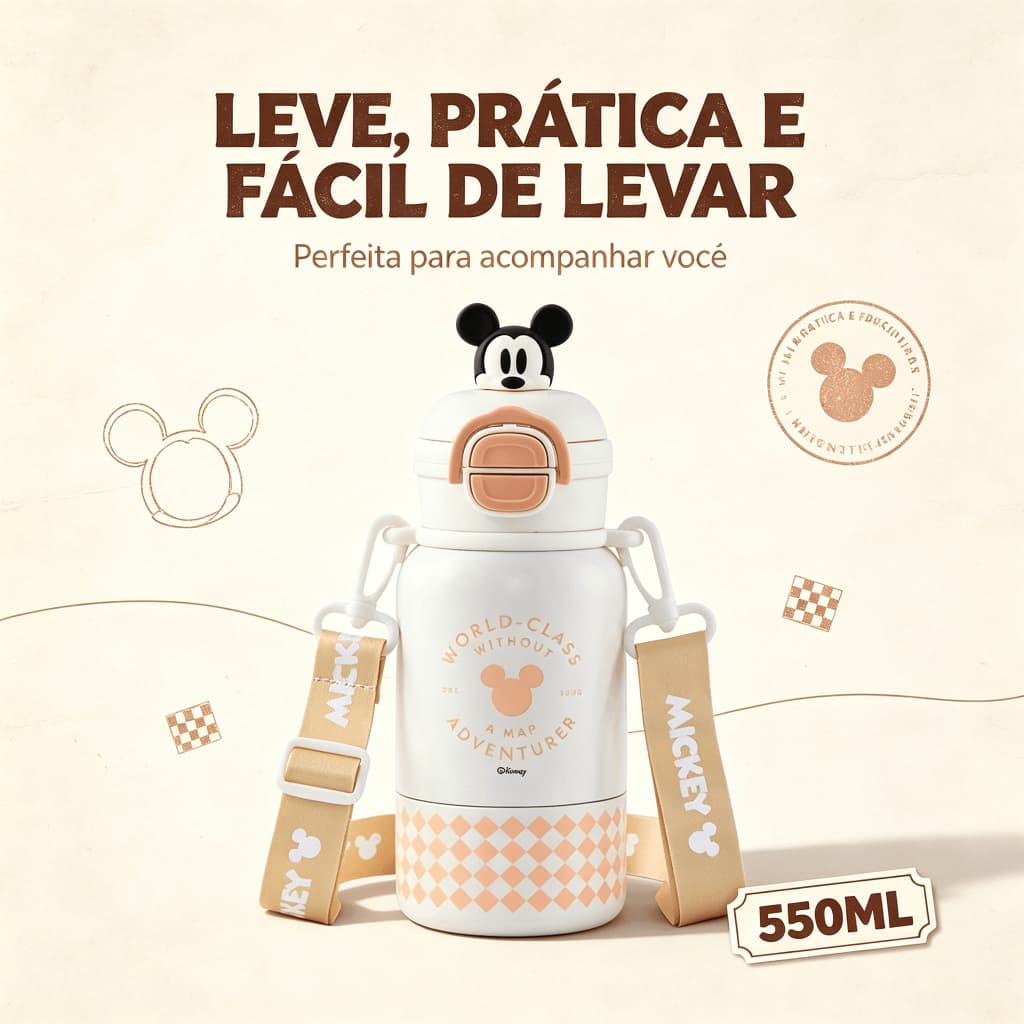 Garrafa Térmica Água e Café 550ml Mickey Mouse Resistente com Alça Disney