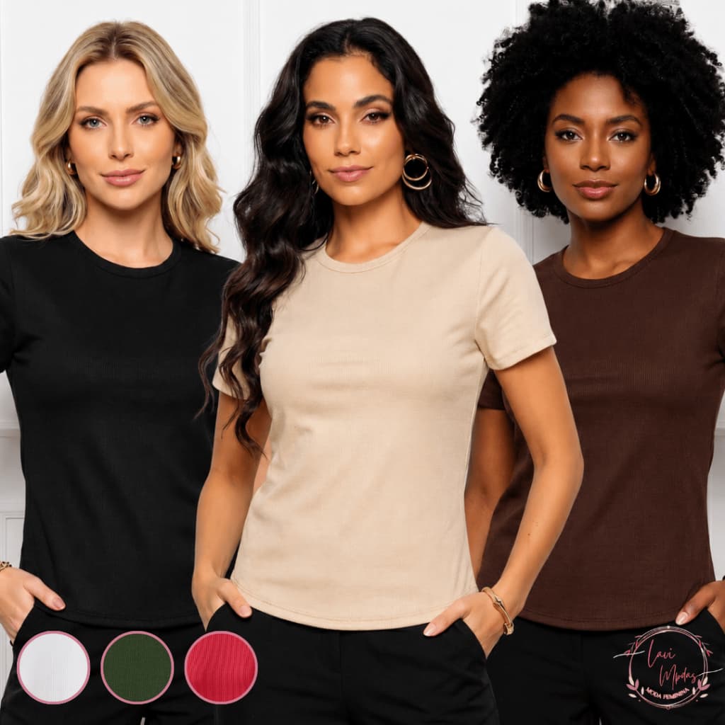 Camiseta Feminina Canelada Ribana Gola Redonda Manga Curta Básica Casual