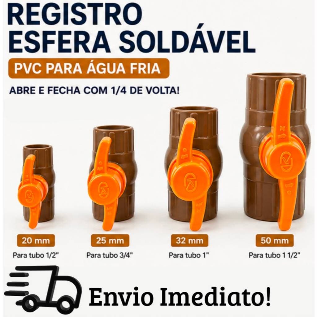 Registro Esfera Soldável PVC Água Fria 20mm 25mm 32mm 50mm Cano Tubo 1/2” 3/4” 1” 1.1/2” válvula