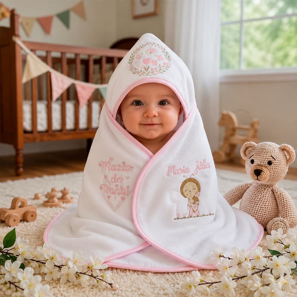 Toalha De Banho Personalizada Bebê Inicial Nome Capuz Bordado Macia