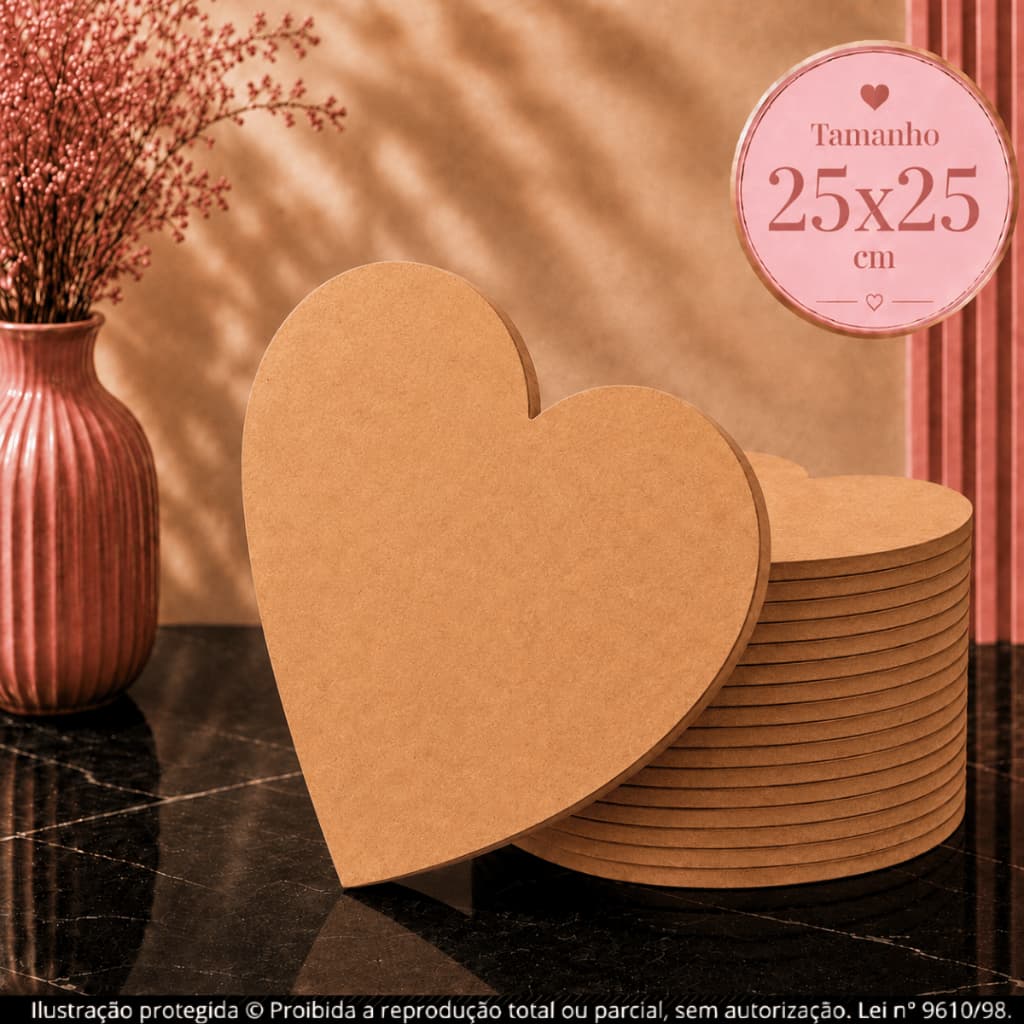 Kit 10 Placas Mdf 3mm formato de coração 25x25cm para decoração artesanatos pinturas laminados mais