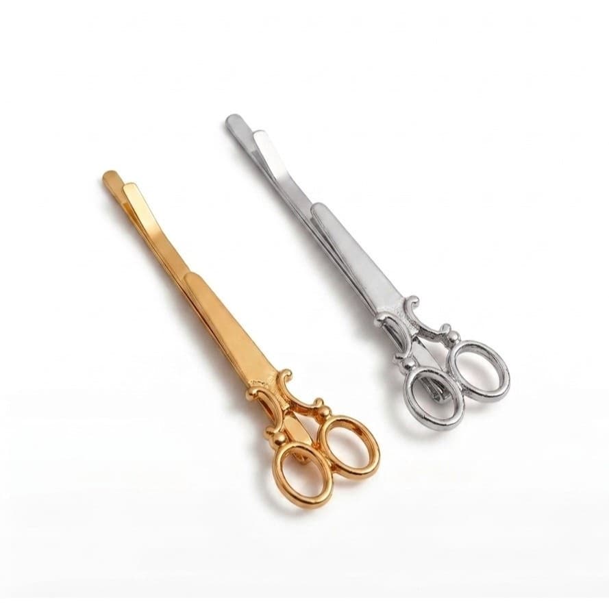 Grampos de Cabelo Presilha Formato Tesoura Vintage Estilo Tumbler Feminino Acessório de Cabelo Dourado e Prata