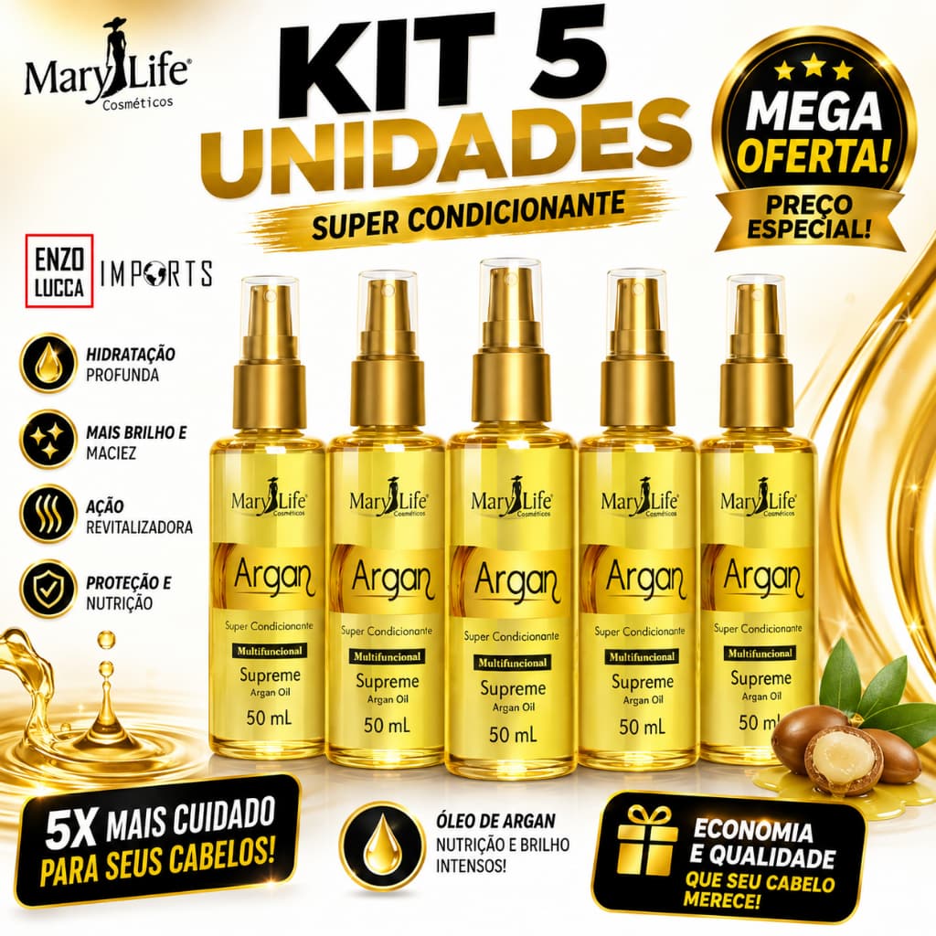 Kit 5 unid Óleo Supreme Argan Multifuncional Mary Life 50ml