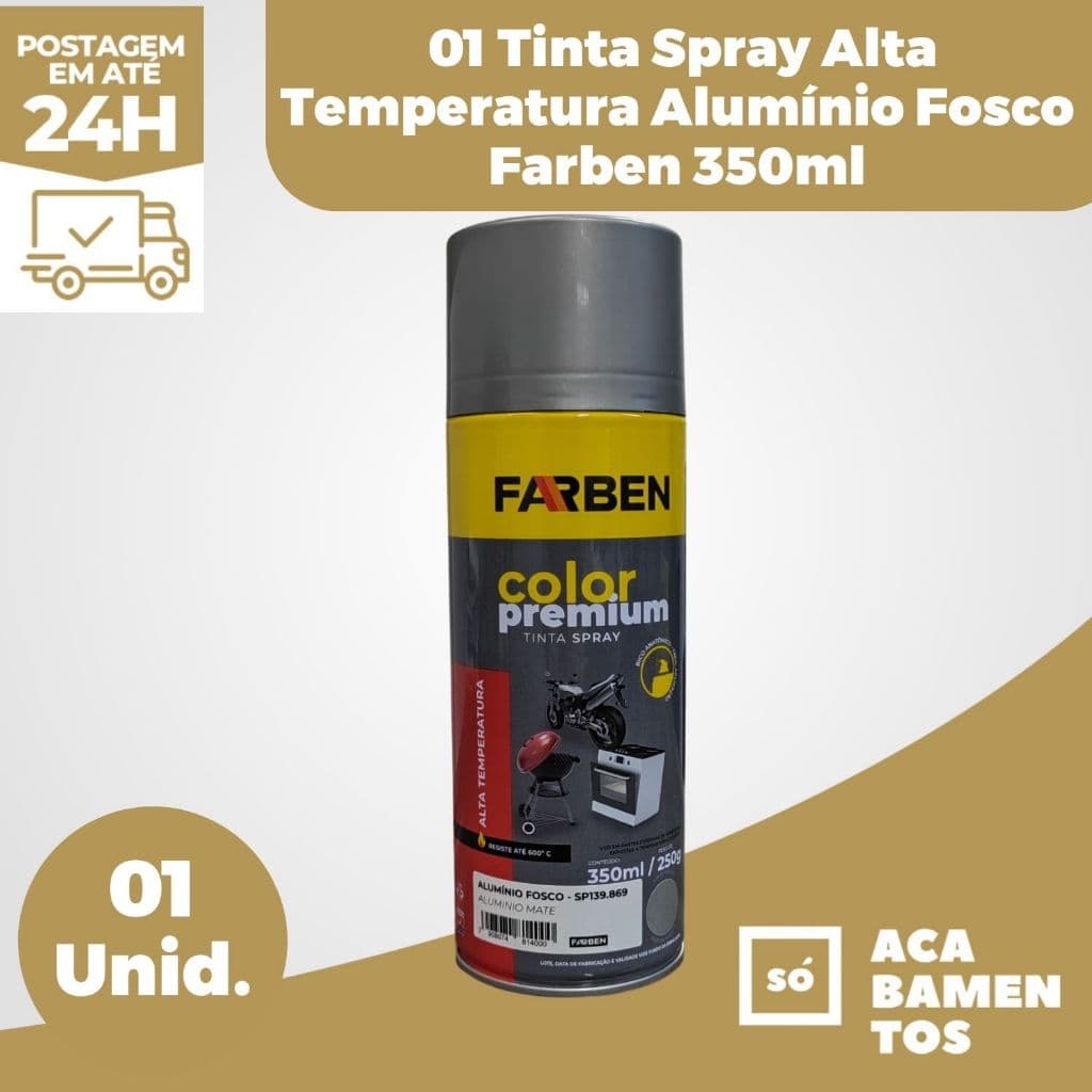 01 Spray Color Premium Alta Temperatura Alumínio Fosco 350ml  Farben Automotivo Chaminé, Escapamento de Moto, Fogão