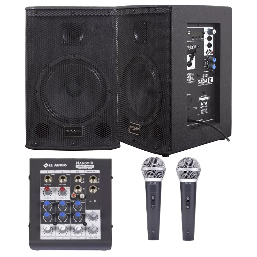 Kit Caixa Som Saga 8 225w + Mesa Nanomix 4 Canais + 2 Microfone Dylan