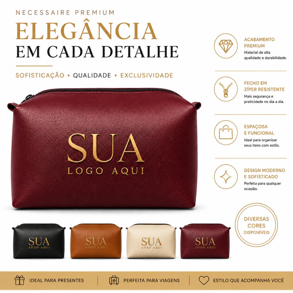 Necessaire Feminina Premium Elegance – Bolsa Organizadora Multiuso com Zíper Personalizada Seu Nome