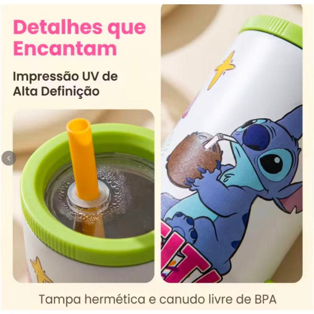 Copo Térmico Stitch 1200ml com Canudo Garrafa Térmica Inox Parede Dupla para Água Café Bebidas Quentes e Frias