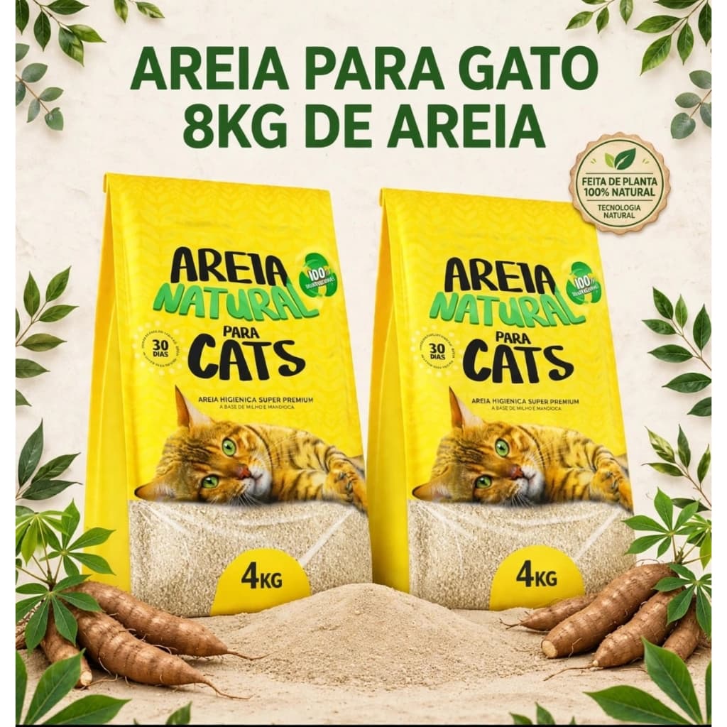 CAIXA KIT COM 2 AREIA HIGIÊNICA NATURAL BIODEGRADÁVEL MILHO E MANDIOCA PARA GATOS TIGER CATS 4KG