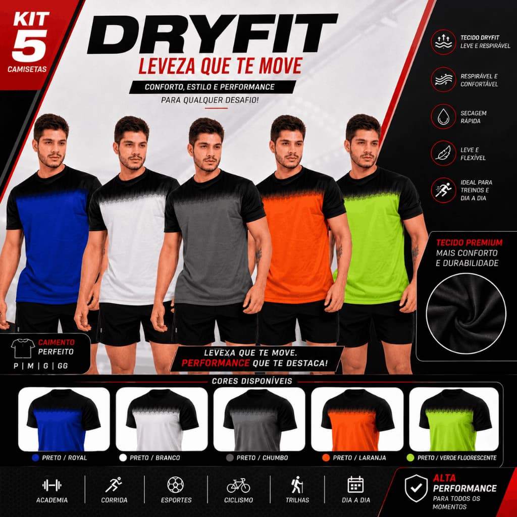 Kit 5 Camisetas Masculinas Esportivas Dry Fitness 100% Poliéster