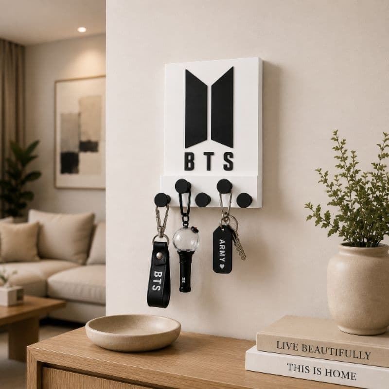 Porta Chaves de Parede BTS 5 Ganchos Organizador Decorativo Preto e Branco