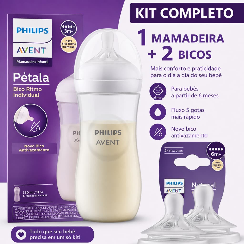 Kit Mamadeira Pétala 330ml + 2 Bicos Nº5 6m+ Avent 3.0