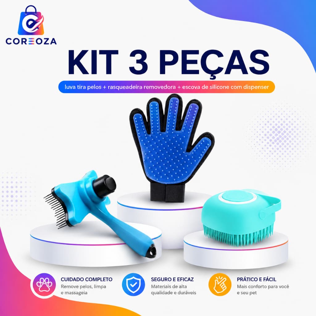 Kit Cuidados Pet Luva Tira Pelos Nano + Escova lava Pet Silicone Dispenser + pente escova removedora